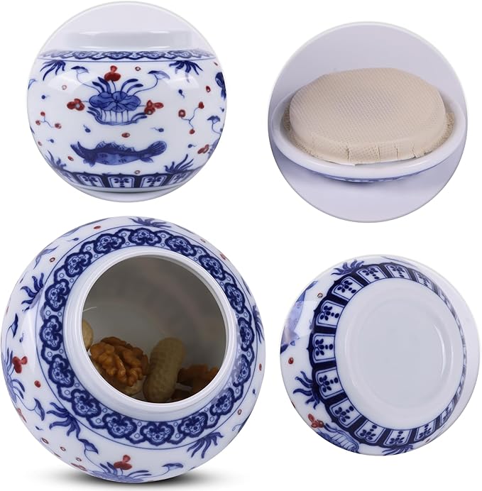 Traditional Chinoiserie Round Ginger Jars Blue and White Porcelain Series Ceramic Storage Jars with Sealed Lids,for Home/Kitchen/Dining Table Decoration (Fish Jar)