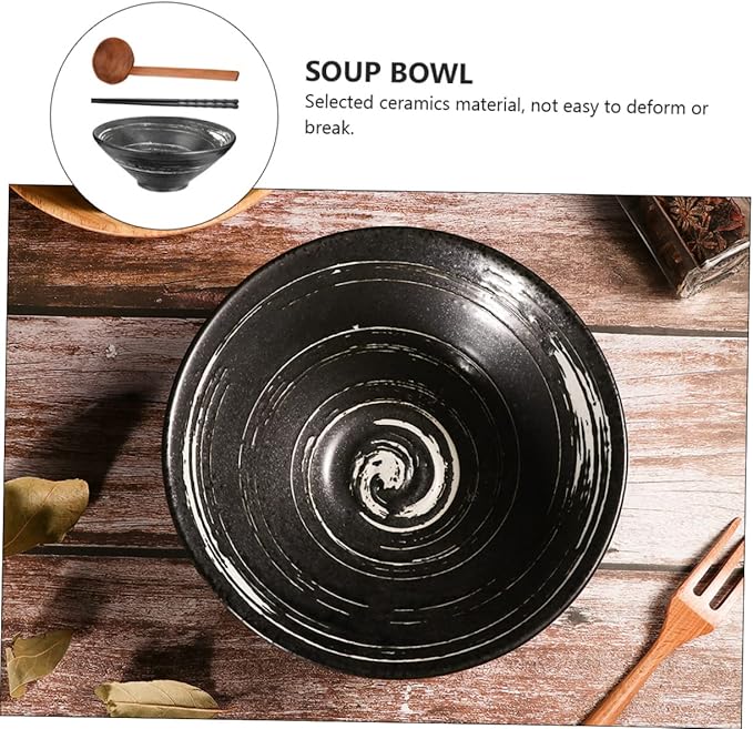 TOYANDONA Classic Ceramic Ramen Bowl Japanese Style Tableware for Soup Salad and Noodles Brush White Includes Wooden Spoon Chopsticks for Restaurants and Home Use