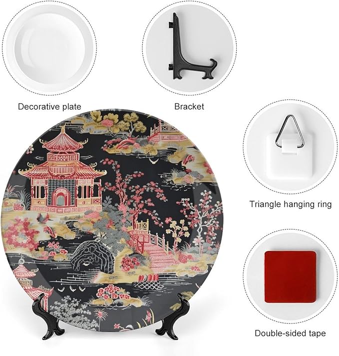 China Plates Chinoiserie Charcoal Coral Pagoda Asian Customize Decor for Household Farmhouse Housewarming Gifts Club Dinner Plates with Vertical Stand, Multi Sizes by Choosing, Gifts for Men Women