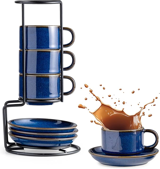 Gomakren 2.5 Ounce Espresso Cups Set of 4, Small Stackable Coffee Cups with Saucers and Metal Stand, Valentine Porcelain Demitasse Cups for Specialty Coffee Drinks, Espresso, Cappuccino, Cobalt Blue