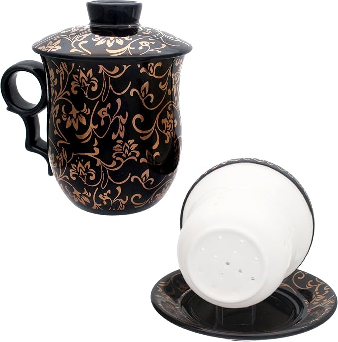 Porcelain Tea Cup with Infuser Lid and Saucer Sets - Chinese Jingdezhen Ceramics Coffee Mug Teacup Loose Leaf Tea Brewing System for Home Office