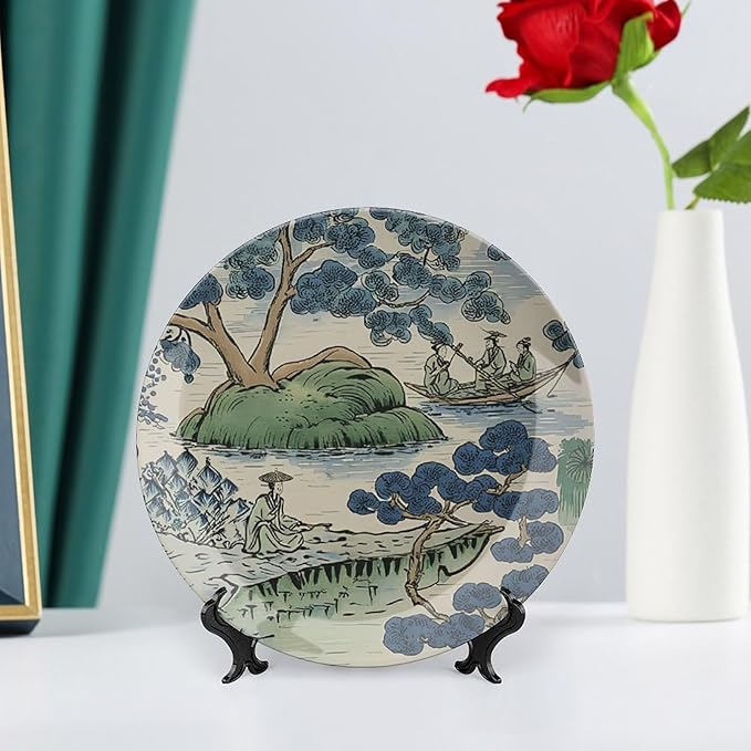 Decorative Plate Asian Scenic Dynasty Blue And Green Personalized Decor for Household Farmhouse Festival Display Bone China Decorative Plate with Vertical Stand, Multi Sizes, Gifts for Men Women