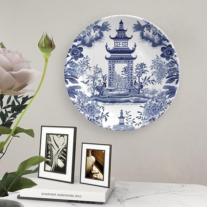 China Plates Chinoiserie Blue Asian Pagoda Customize Decor for Wedding Table Housewarming Gifts Display Wall Hanging Decorative Plate with Display Stand And Hook Up, Multi Sizes, Gifts for Men Women