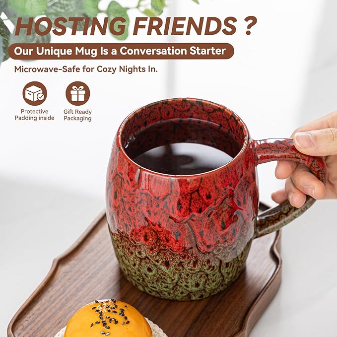 Unique 22OZ Ceramic Coffee Mug with Ergonomic Handle, Microwave & Dishwasher Safe – Red & Green Glazed Ceramic Mug – Gift for Coffee & Tea Lovers, Ideal for Office & Home Use