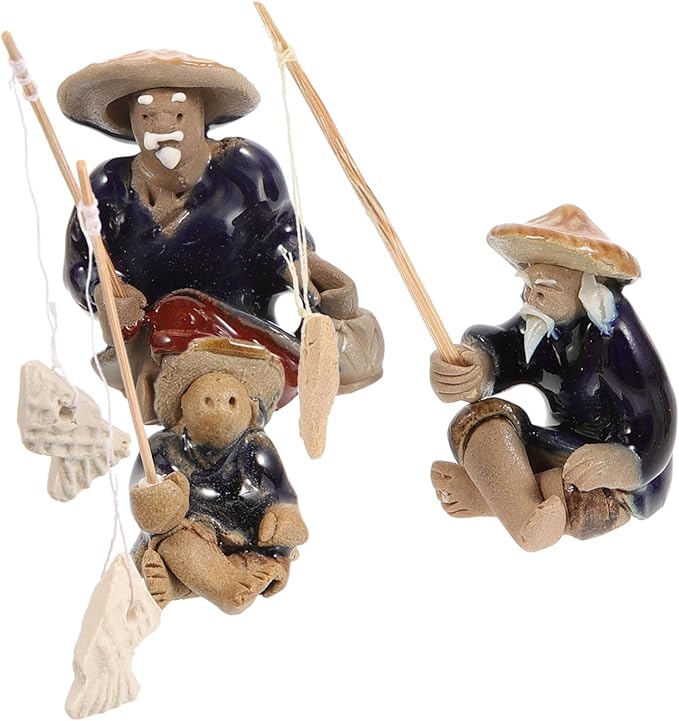 Mikikit 9pcs Mini Fisherman Statue Chinese Style Ceramic Figurines for Aquarium Bonsai Decor Realistic Fisherman Ornaments for Home Landscape Vintage Fishing Man Sculpture