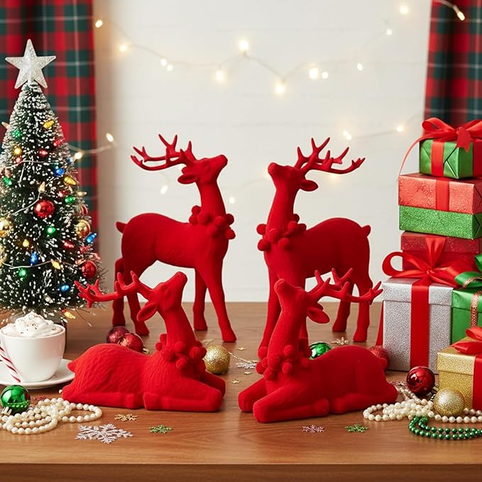 Wesiti 4 Pcs Christmas Reindeer Decor Small Artificial Red Flocked Ceramic Standing Sitting Reindeer Figurine Mini Deer Christmas Tabletop Decoration for Xmas Holiday Indoor Rustic Statue Table Decor