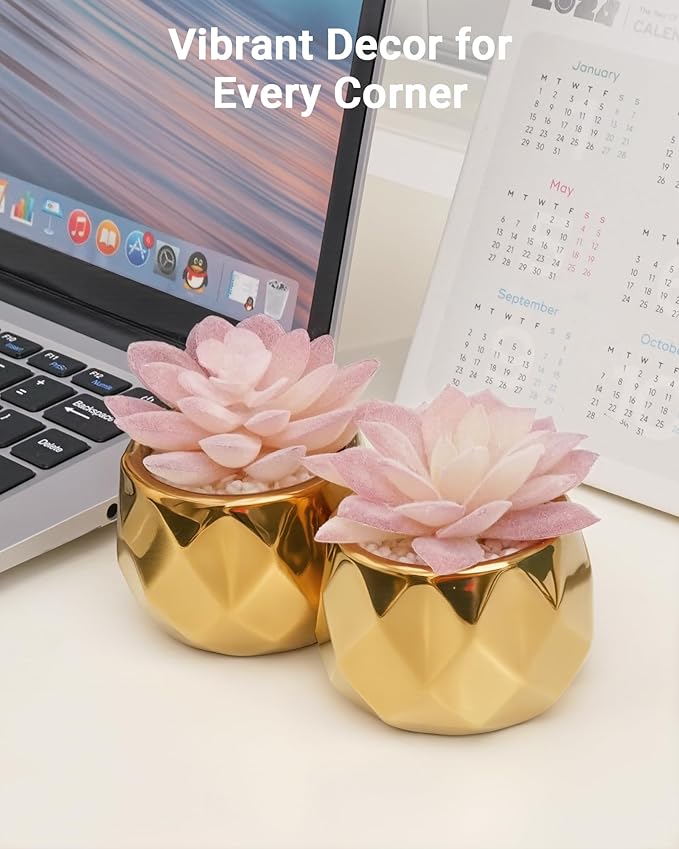VIVERIE Mini Succulents Plants Artificial in Pots-Pink with Golden Ceramic, Christmas Small Fake Succulents Plants for Home Decor Indoor for Women, Set of 2, Gifts for Mom
