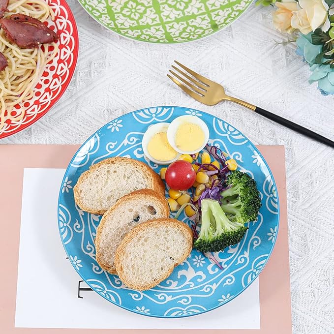 Dessert Plate Set of 6-8 Inch Ceramic Salad and Appetizer Plates - Vibrant Mix-and-Match Colors - Dishwasher and Microwave Safe