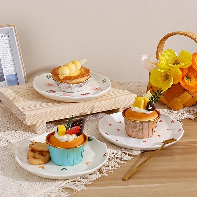 Koythin Ceramic Dessert Plates, Cute Fruits Dinner Plate, Creative Plates Design, Printed Flowers Dinnerware for Office and Home, Kitchen Plates for Desserts (Colorful Little Hearts)