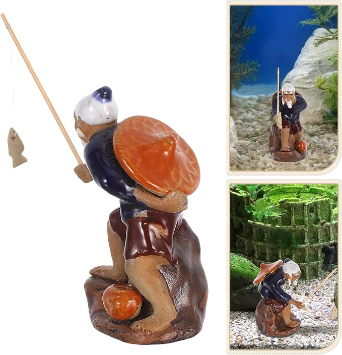 balacoo 2pcs Mini Ceramic Fisherman Figurines for Bonsai and Zen Garden Decoration, Micro Fishing Statue Tabletop Fish Tank Ornament, 3-inch Asian Pottery Sculpture