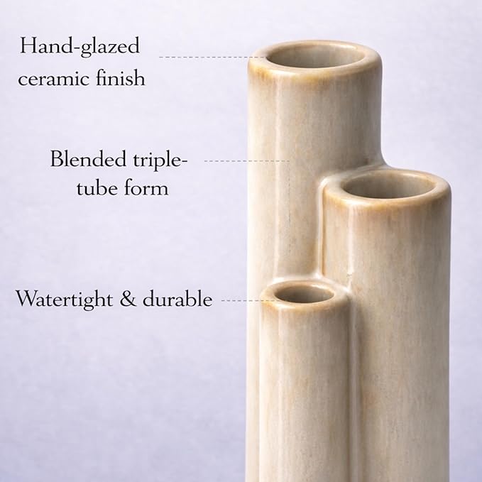 Ceramic Bud Vase, Sculptural Triple Tube Vase in Cream White for Modern Farmhouse & Minimalist Shelf Decor