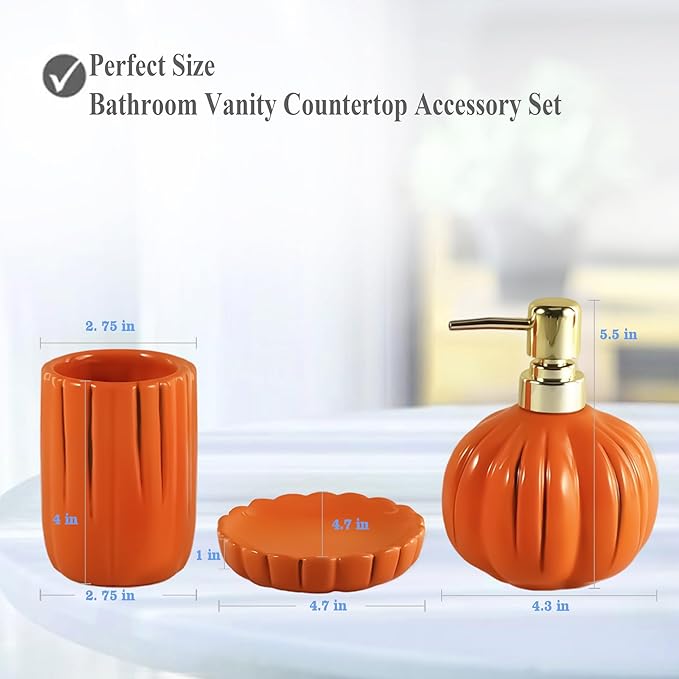 Pumpkin Bathroom Accessories Set, Orange Bathroom Fall Decor, 3PC Ceramic Bathroom Sets Complete, Toothbrush Holders, Soap Dispenser, Soap Dish, Bathroom Organizer for Countertop