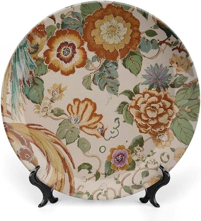 Peony Garden Orange & Green Thibaut Floral Vintage Plates Decor for Club Table Household Personalized Birthday Idea Gifts Ceramic Dinner Plate with 1 Display Stand, Multi Sizes by Choosing