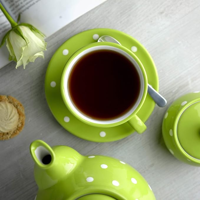 City to Cottage Handmade Lime Green and White Polka Dot Large Ceramic 12oz/350ml Cappuccino Coffee Tea Cup and Saucer, Unique Designer Pottery for Tea Lovers