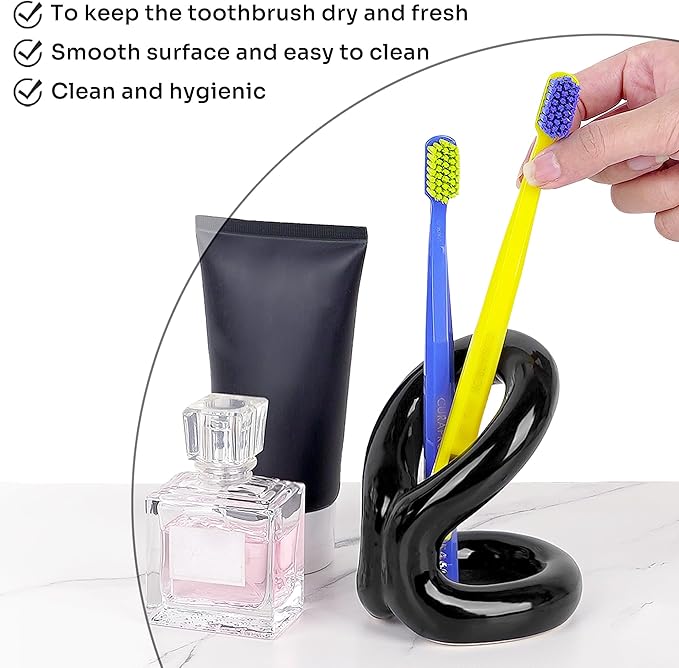 Toothbrush Holder, Knot-Shaped Minimalist Toothbrush Storage, Ceramic Stylish Toothbrush Organizer, Decorative Stand for Bathroom Sink and Countertop (Black)