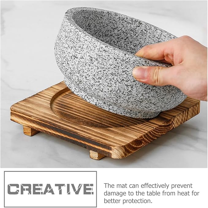 Unomor 2pcs Heat Insulation Pad for Korean Stone Bowls, Sturdy Wooden and Stone Mat Set for Hot Dishes, Kitchen Counter Protection, 6.29 Inches