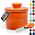 Zulay Kitchen Bell Shaped Butter Crock with Lid for Countertop with Water Line & Spreader Knife, Ceramic French Butter Dish Keeper For Fresh, Soft & Spreadable Butter - Orange