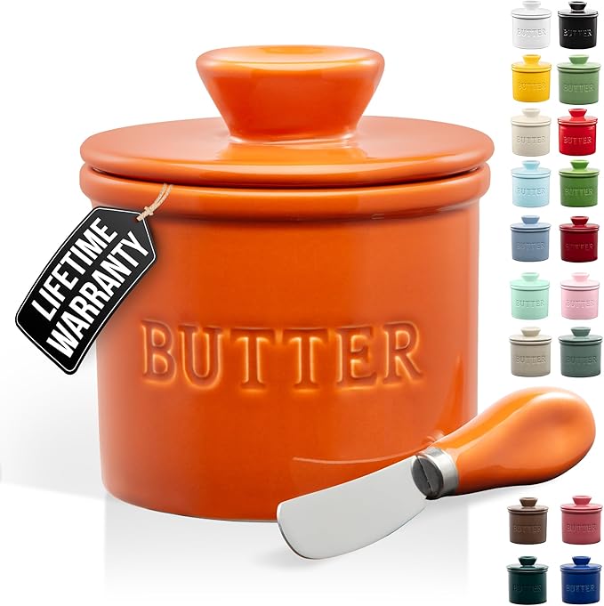 Zulay Kitchen Bell Shaped Butter Crock with Lid for Countertop with Water Line & Spreader Knife, Ceramic French Butter Dish Keeper For Fresh, Soft & Spreadable Butter - Orange