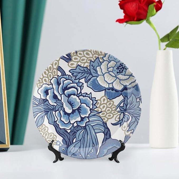 Fashion Plates Blue And Tan Peony Chinoiserie Floral Customize Decor for Wall Festival Club Wedding Hand-Painted Ceramic Decorative Plates with Vertical Stand, Multi Sizes, Gifts for Men Women