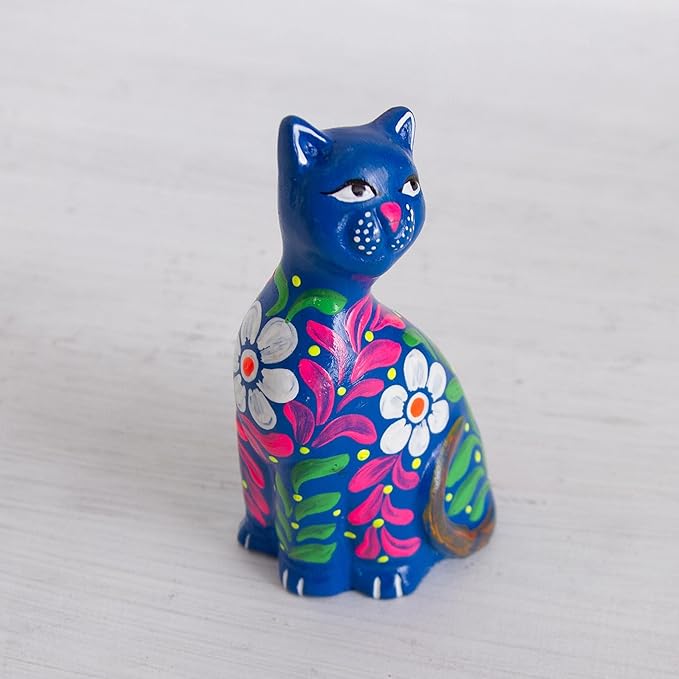 NOVICA Artisan Handcrafted Ceramic Figurine Peruvian Artisan Floral Cat Blue Multicolor Sculpture Painted [3.9in H x 2.2in W x 1.6in D] ' Sweet Cat in Blue'