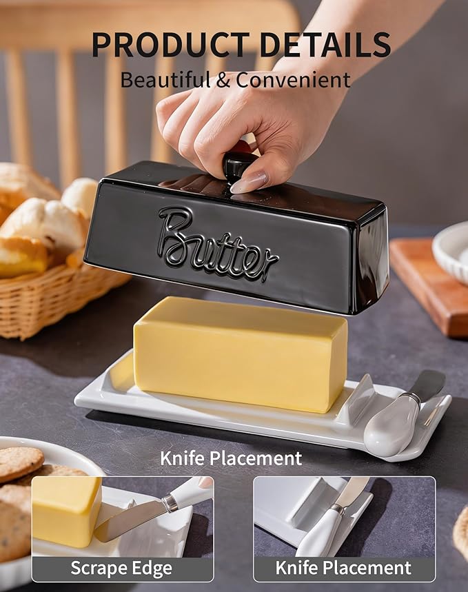 TEATALK Ceramic Butter Dish with Lid and Knife - Large Butter Holder, Farmhouse Style, 8-Inch Porcelain Butter Keeper with Scraper Edge, Black & White