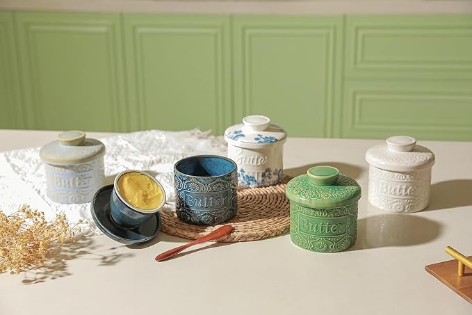 iobiotio Butter Crock for Countertop, Ceramic Butter Crock with Lid and Wooden Knife, Butter Keeper with Water Line for Fresh Spreadable Butterfor, Forest Blue