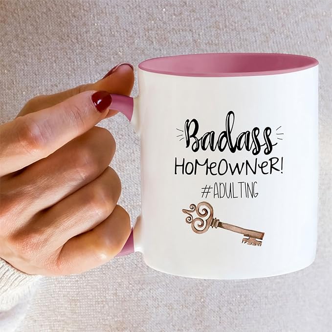 Retreez Funny Mug - Badass Homeowner Adulting Moved New House Gift Housewarming 11 Oz Ceramic Tea Coffee Mugs - Funny, Sarcasm, Sarcastic, birthday gifts - White Mug with Pink Handle and Inner