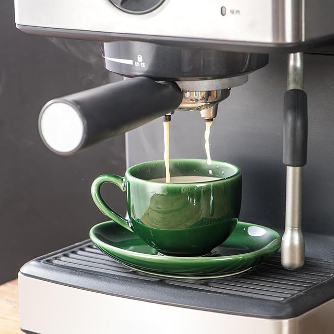 vicrays Ceramic Espresso Coffee Cups - 4 oz Porcelain Espresso Cups Set with Saucers Spoons and Metal Stand for Tea Cafe Cappuccino Latte - Set of 6 - Green