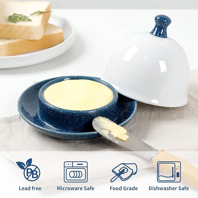Butter dish, Ceramic Small Butter Dish with Lid, 2026 NEW Original Design Mini Butter Crock Keeper with Handle, 17 OZ Mini Butter Container Cover and Water Sealing 2 Ways Sealing (Blue)
