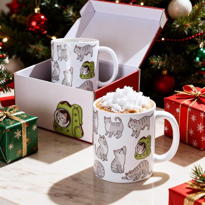 Sliner 2 Set Gray Tabby Cat Coffee Mugs Gifts 11 oz Cat Mom Ceramic Coffee Cups Tea Cup Funny Holiday Birthday Gifts for Men Women Cats Lovers