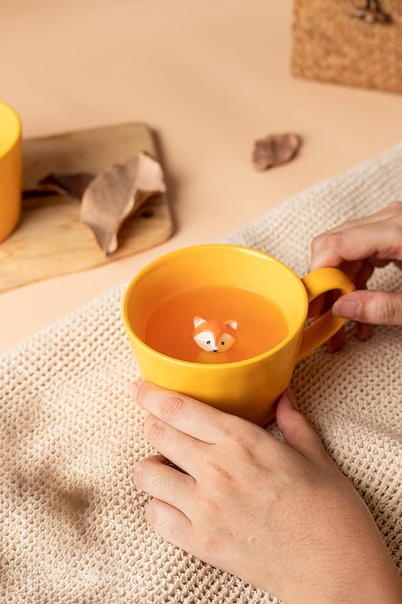 DIHOclub Fox Ceramic Cup Hidden 3D Animal Inside Mug,Cute Cartoon Handmade Figurine Mugs,Holiday and Birthday Gift for Coffee Milk Tea Lovers,12 OZ(Yellow)