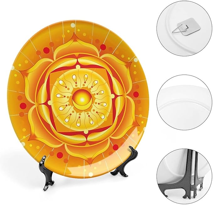 XISUNYA 8 Inch Decorative Plate, Lotus Ceramic Craft, Circular Journey Energetic Body Zen Life Symbol Print Ornament Display Plate Handmade Plate Wedding Gifts, Orange Yellow