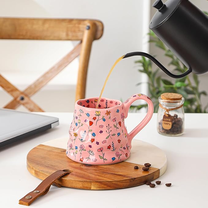Mkour 16oz Large Ceramic Coffee Mugs, Handmade Big Tea Cups, Floral Design, Wide Bottom with Large Handle for Office and Home, Microwave and Dishwasher Safe (Pink)