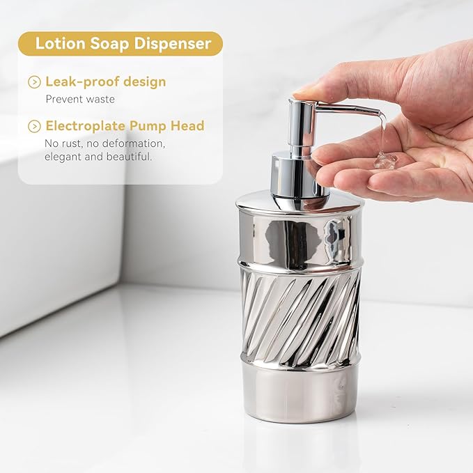 3-Piece Ceramic Bathroom Accessories Set - Soap Dispenser, Toothbrush Holder & Soap Dish with Modern Wave Embossed Design for Bathroom Accessory Set (Silver)