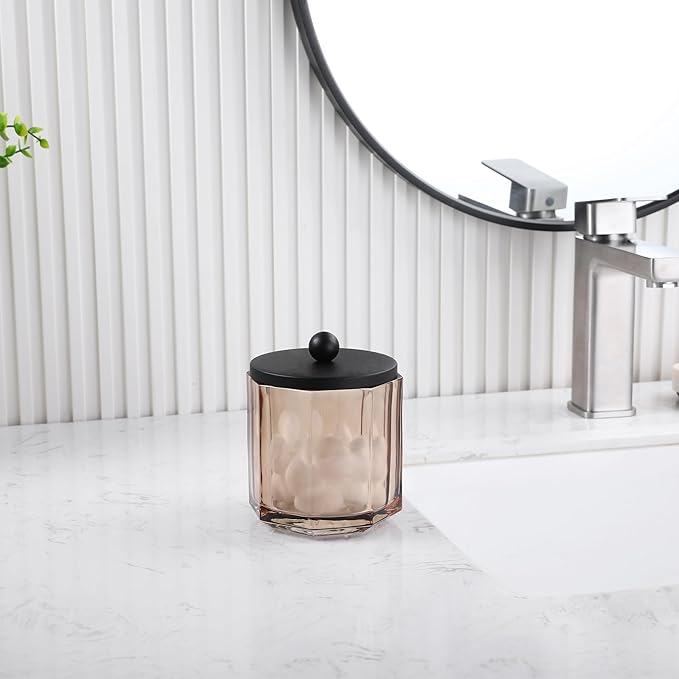 Taupe Translucent Apothecary Octagional Shaped Glass Canister Jar With Matte Black Metal Lid Cover for Bathroom Organization, Cotton Balls, Q Tips, and Small Accessories, Bathroom Storage