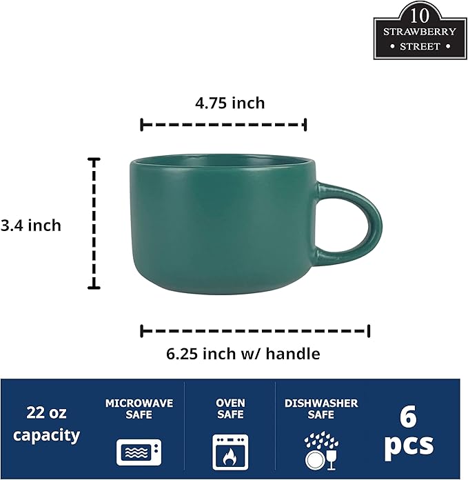 10 Strawberry Street Wazee Matte 4.75"/22 oz Oversized Mug, Set of 6, Emerald Green