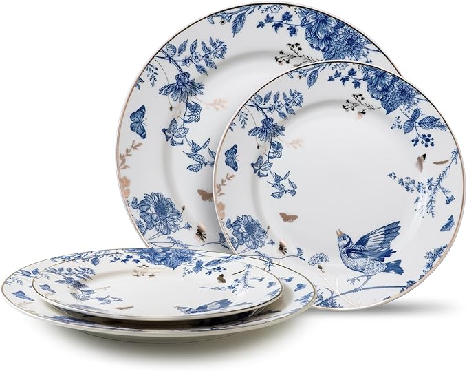 Porcelain Dinner Plates 4 Pieces, Floral Plates 8 Inch & 10 Inch Ceramic Dessert Plate Blue and White Floral Dinnerware Set Salad Plate Set for Kitchen Dishes for Appetizer, Salad, Steak, Pancakes