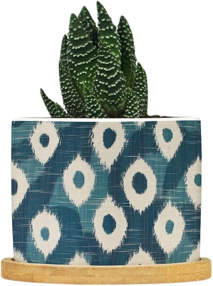 Blue and Ikat Bukhara Planter Ceramic Antique Ikat in Teal Round Plant Pot with Drainage Holes and Bamboo Tray Pot for Outdoor Garden Home Plant