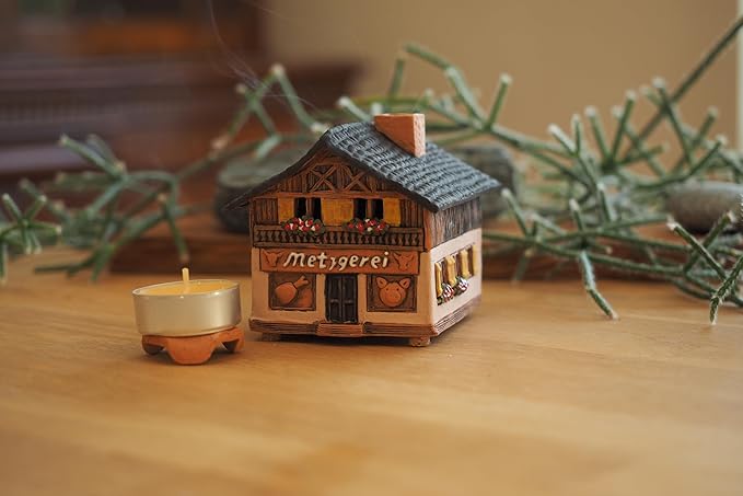 Ceramic Houses and Villages Collection - Christmas Village Collectible House Miniature Historic Butcher's in Bavaria Tealight Candle Holder, Room Décor, Handcrafted Essential Oil Burner