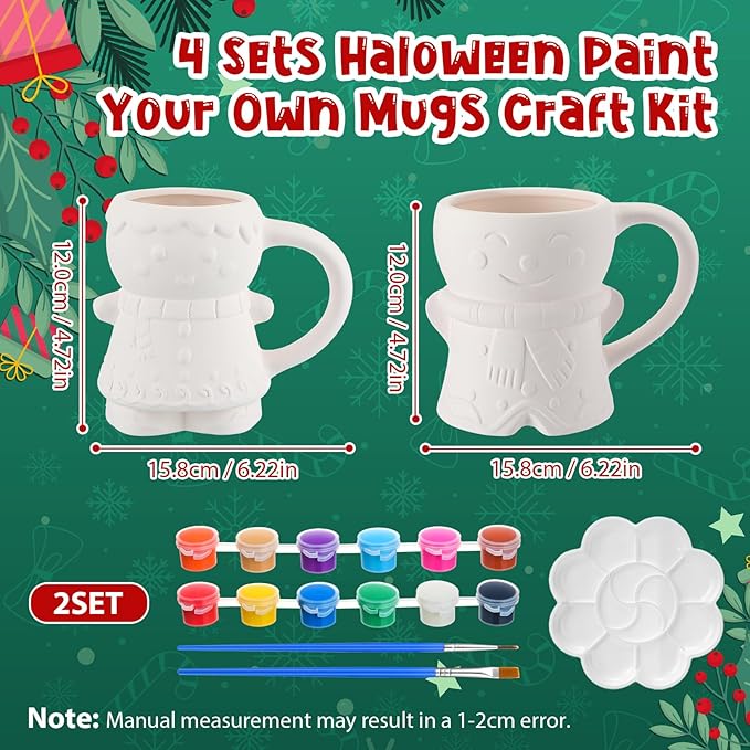 Zubebe 4 Sets Christmas Paint Your Own Mugs Craft Kit, Xmas Ceramic to Paint, Christmas Gingerbread Man DIY Mugs for Adults, Festive Coffee Tea Cup with Painting Set for Family Xmas Craft Office Gift