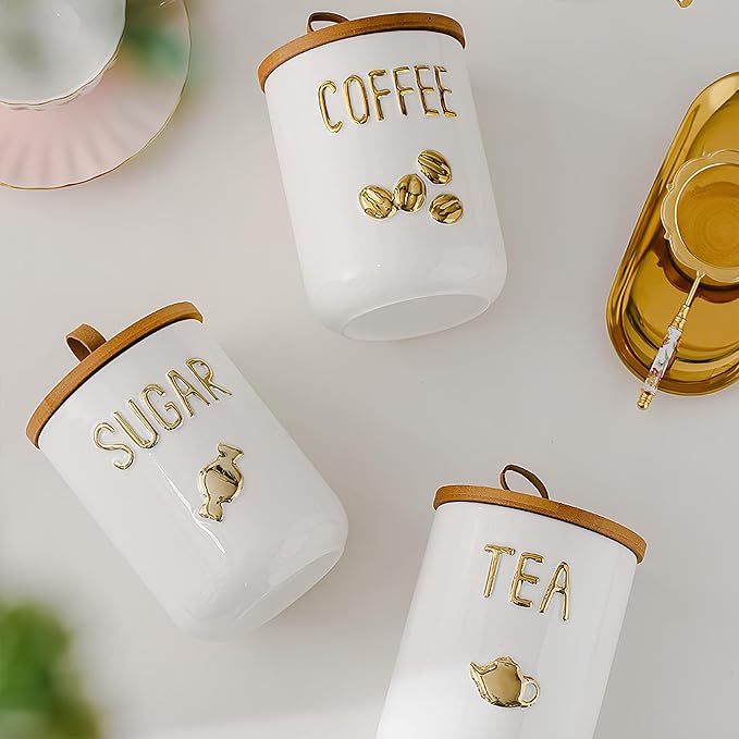 Comeon Ceramic Canister Set with Airtight Seal Bamboo Lid Silicone, 27oz Food Storage Jars for Coffee Sugar Tea, Container Set for Kitchen Pantry Counter Decor (Coffee)