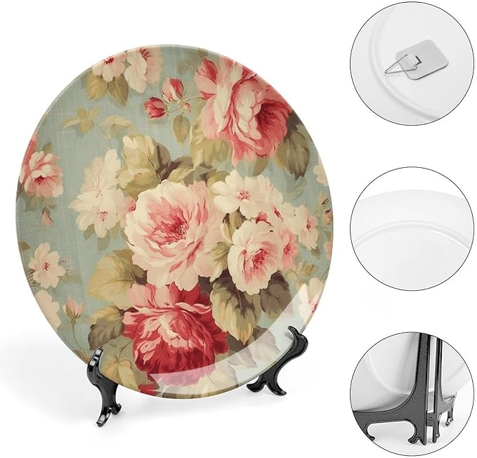 Ceramic Decorative Plate Pink Cabbage Roses Romantic Aqua Personalized Decor for Office Wall Art Decoration Ceramic Hanging Decorative Plate Including Bracket And Special Hook, Gifts