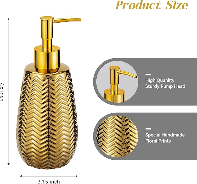 Gold Soap Dispenser,Wavy Design Ceramic Lotion Soap Dispenser for Bathroom, Kitchen, Hand Soap, Dish Soap, Bathroom Countertop