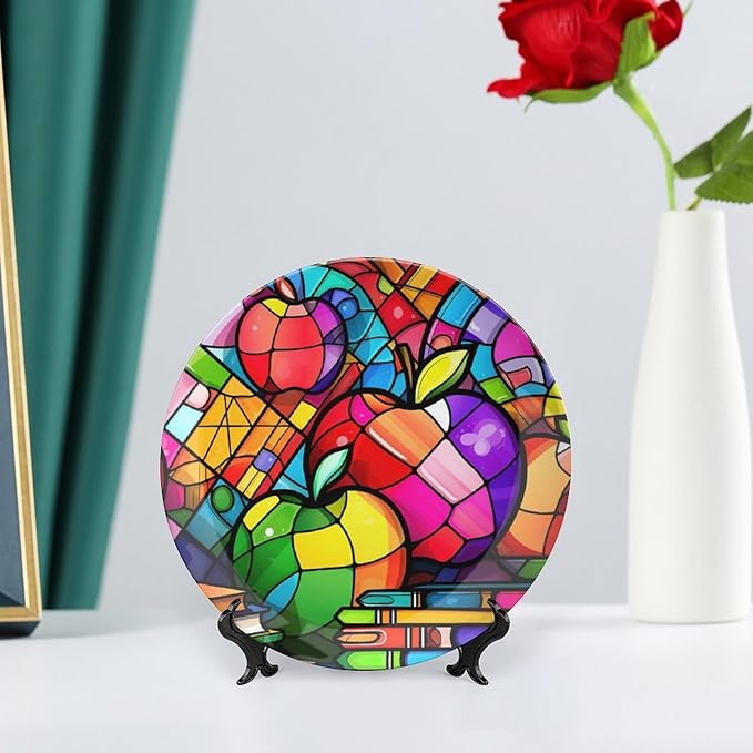 Decorative Plates for Wall Hanging, Colorful Books & Apples Stained Glass Painting Ceramic Plate w/ Display Stand, Home Decor for Kitchen Cabinets, Round Tray 7 Inch, Gift for Teacher Or Student