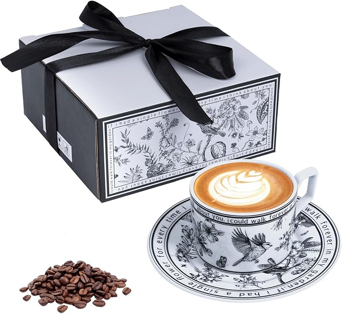 Ceramic Coffee Cup and Saucer Set - Vintage Floral Design, Perfect for Espresso, Tea, or Coffee Lovers - Gift Boxed for Home, Office, or Special Occasions (6.8oz)