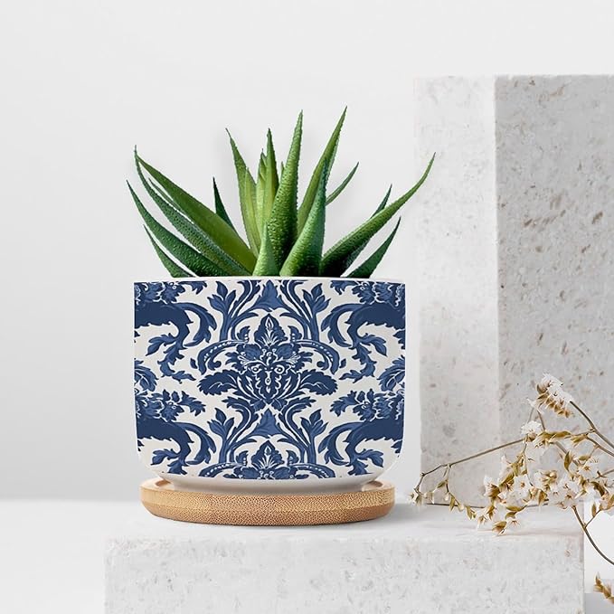 Blue Regalia Lion Planters Ceramic Chinoiserie Geometric Print Round Plant Pot with Drainage Holes and Bamboo Tray Pot for Home Desktop Office Windowsill