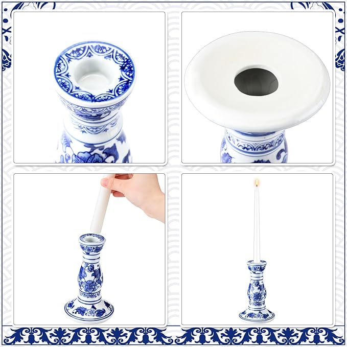 Soaoo Set of 3 Blue and White Porcelain Ceramic Pillar Candle Holder Chinoiserie Pillar Candle Holders Candlestick Decoration for Wedding Party Fireplace Table Home Centerpiece