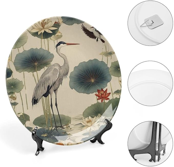 China Plates Birds And Lotus Flowers Customize Decor for Office Housewarming Gifts Wall Club Dinner Plates Unique Art with Stand, Multi Sizes by Choosing, Gifts for Men Women