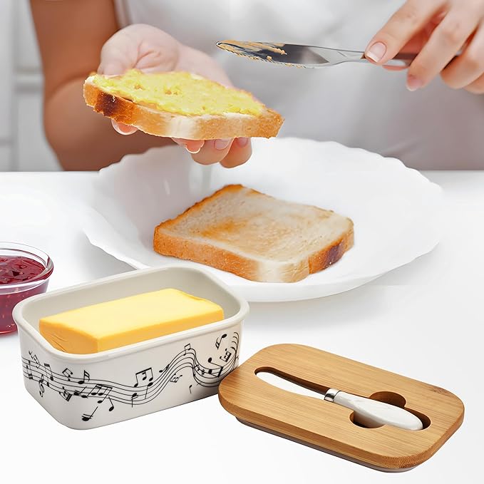 Large Butter Dish with Lid for Countertop,Musical Note Design Ceramic Covered Butter Holder with Knife for Fridge, Airtight Butter Keeper Container Storage for East West Coast Butter,White