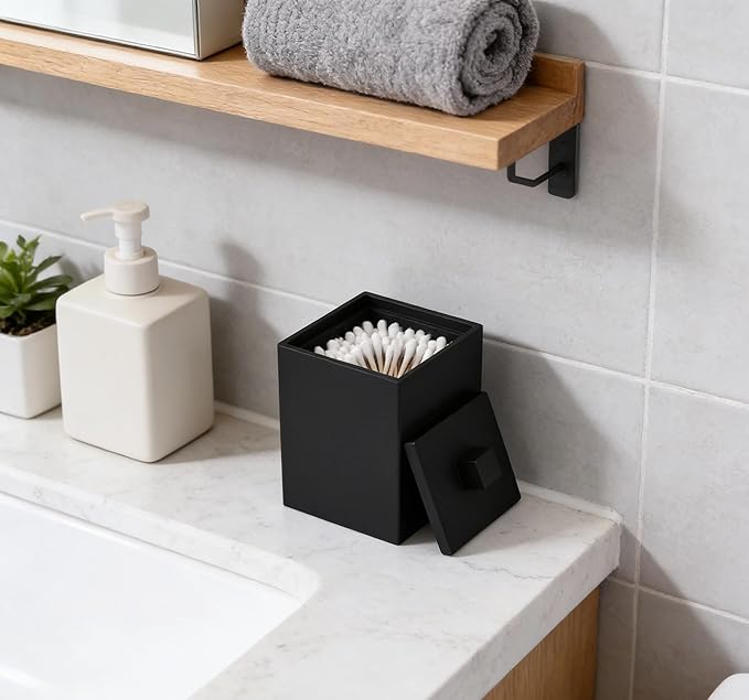 Q-tip Holder Square Cotton Swab Holder with Lid Resin Cotton Ball Canister Jar Cosmetics Makeup Countertop Organizer Containers Canister Apothecary Jar, Matte Black